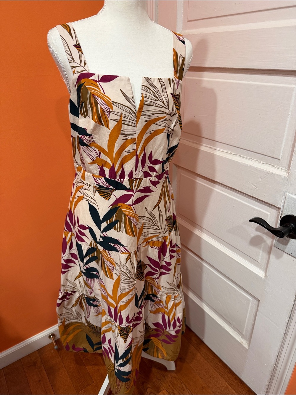 London Times Cream Midi Dress with Mustard, Plum & Deep Green Leaf Print